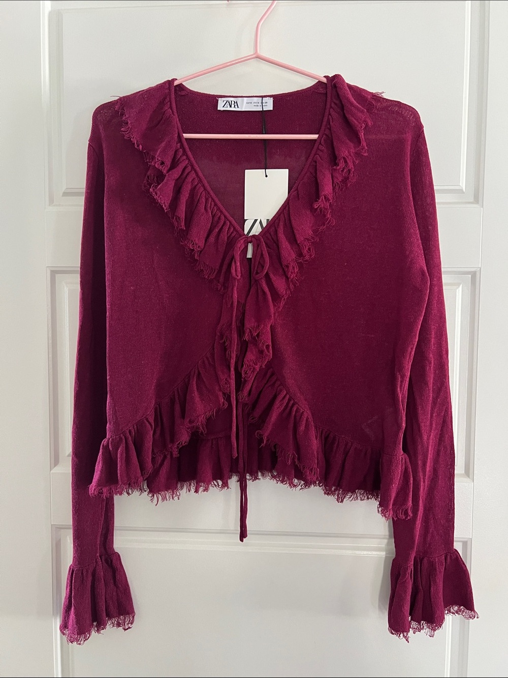 Zara Ruffle Tie-Front Sweater in Wine